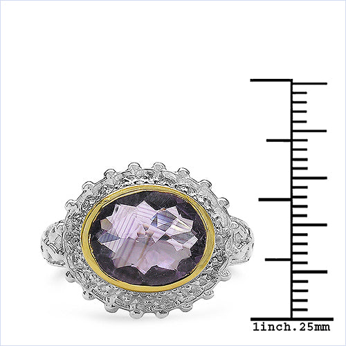 Two Tone Plated 4.36 Carat Genuine Amethyst & White Topaz .925 Sterling Silver Ring