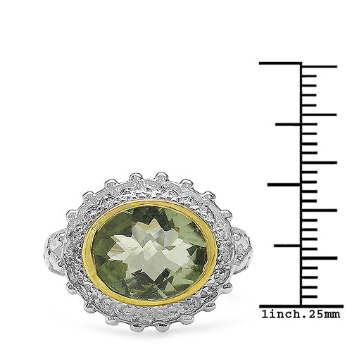 Two Tone Plated 4.16 Carat Genuine Green Amethyst & White Topaz .925 Sterling Silver Ring