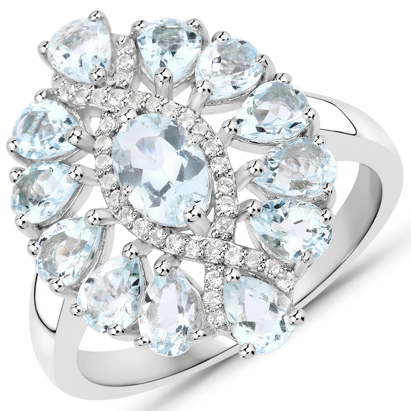 1.89 Carat Genuine Aquamarine and White Topaz .925 Sterling Silver Ring