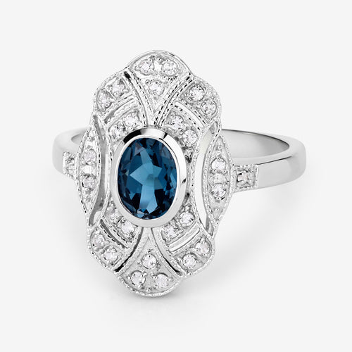 1.32 Carat Genuine London Blue Topaz and White Topaz .925 Sterling Silver Ring