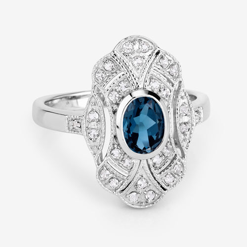 1.32 Carat Genuine London Blue Topaz and White Topaz .925 Sterling Silver Ring