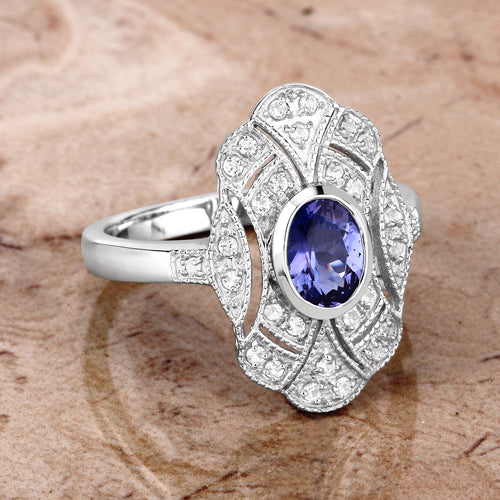 1.17 Carat Genuine Tanzanite and White Topaz .925 Sterling Silver Ring