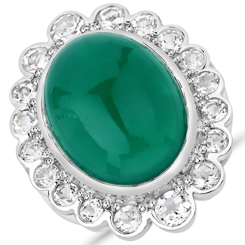 18.90 Carat Genuine Green Onyx and White Topaz .925 Sterling Silver Ring