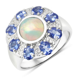 2.07 Carat Genuine Ethiopian Opal, Tanzanite and White Topaz .925 Sterling Silver Ring
