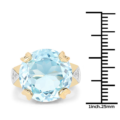 14K Yellow Gold Plated 12.98 Carat Genuine Blue Topaz and White Topaz .925 Sterling Silver Ring