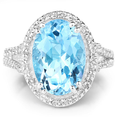 8.15 Carat Genuine Blue Topaz and White Topaz .925 Sterling Silver Ring