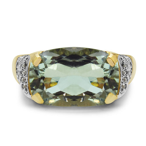 14K Yellow Gold Plated 6.81 Carat Genuine Green Amethyst & White Topaz .925 Sterling Silver Ring