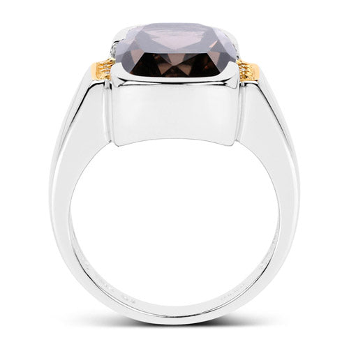 Two Tone Plated 5.51 Carat Genuine Smoky Quartz and White Topaz .925 Sterling Silver Ring