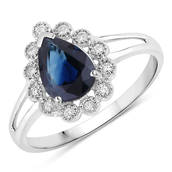 1.46 Carat Genuine Blue Sapphire and White Diamond 10K White Gold Ring