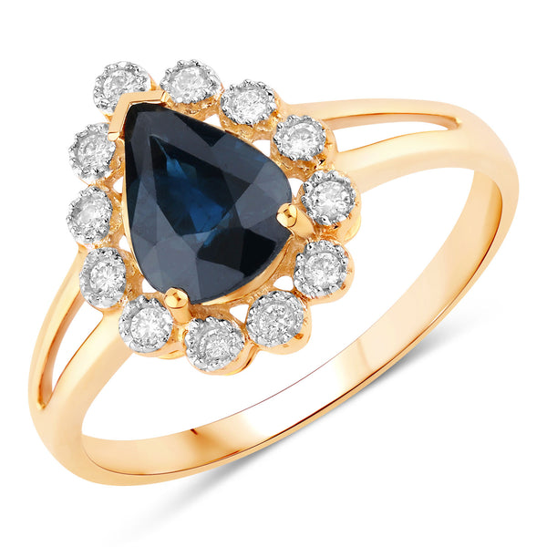 1.46 Carat Genuine Blue Sapphire and White Diamond 10K Yellow Gold Ring