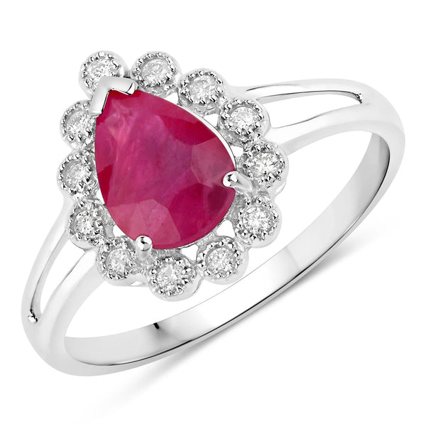 1.31 Carat Genuine Ruby and White Diamond 10K White Gold Ring