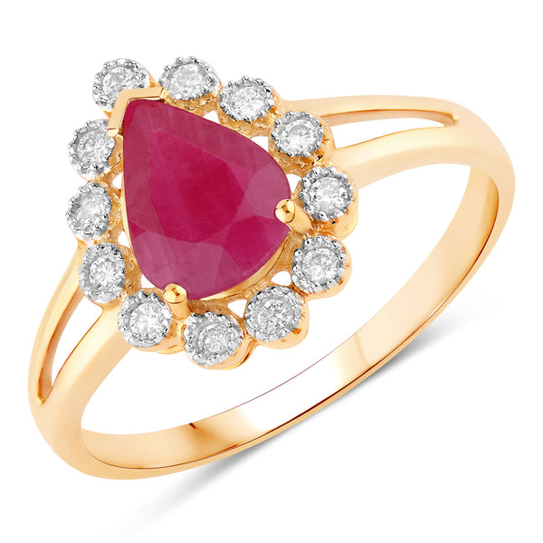 1.31 Carat Genuine Ruby and White Diamond 10K Yellow Gold Ring