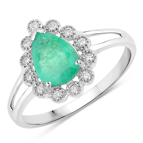 1.22 Carat Genuine Zambian Emerald and White Diamond 10K White Gold Ring