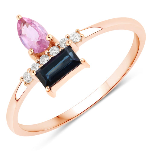 "0.56 Carat Genuine Pink Sapphire, Blue Sapphiree and White Diamond 14K Rose Gold Ring