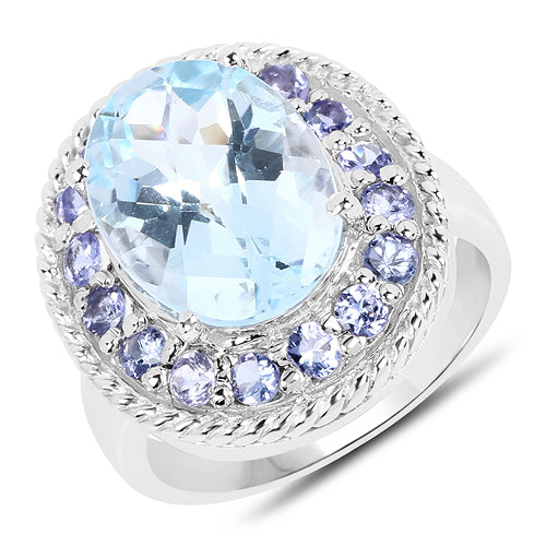 7.41 Carat Genuine Blue Topaz and Tanzanite .925 Sterling Silver Ring