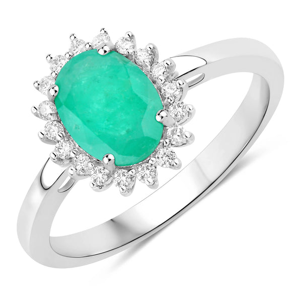 1.34 Carat Genuine Zambian Emerald and White Diamond 10K White Gold Ring