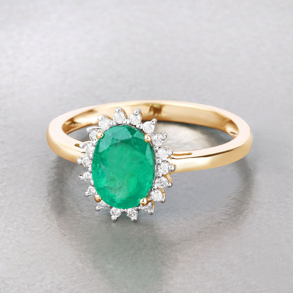 1.34 Carat Genuine Zambian Emerald and White Diamond 10K Yellow Gold Ring