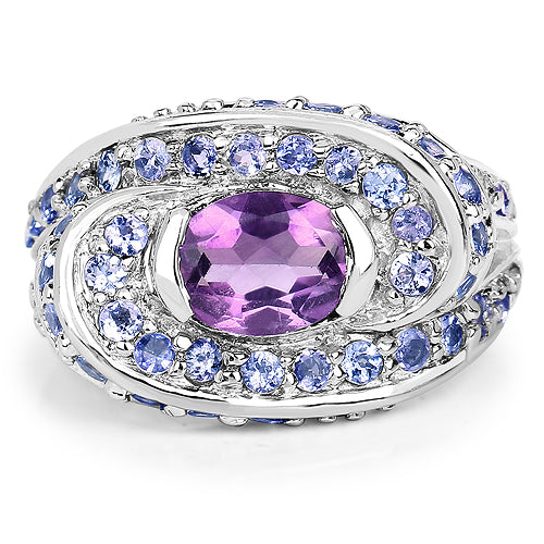 2.76 Carat Genuine Amethyst and Tanzanite .925 Sterling Silver Ring