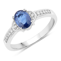 1.05 Carat Genuine Blue Sapphire and White Diamond 10K White Gold Ring