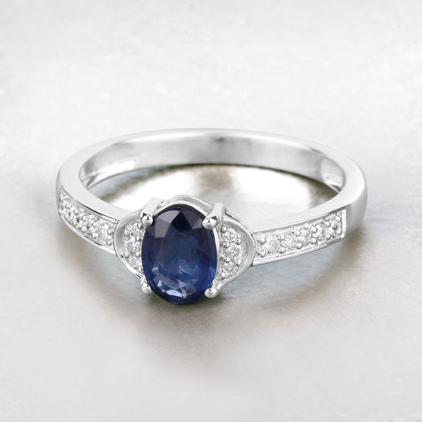 1.05 Carat Genuine Blue Sapphire and White Diamond 10K White Gold Ring