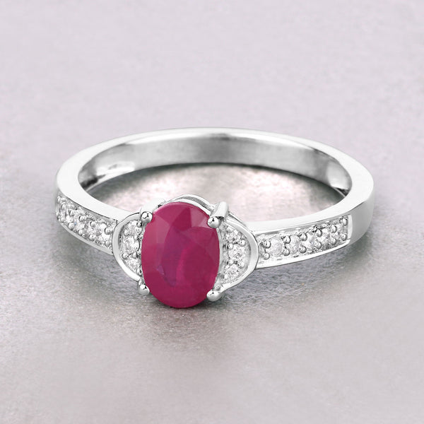 0.95 Carat Genuine Ruby and White Diamond 10K White Gold Ring