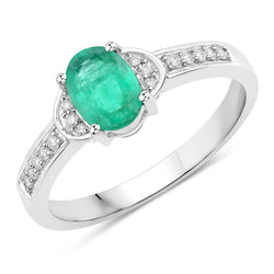 0.82 Carat Genuine Zambian Emerald and White Diamond 10K White Gold Ring