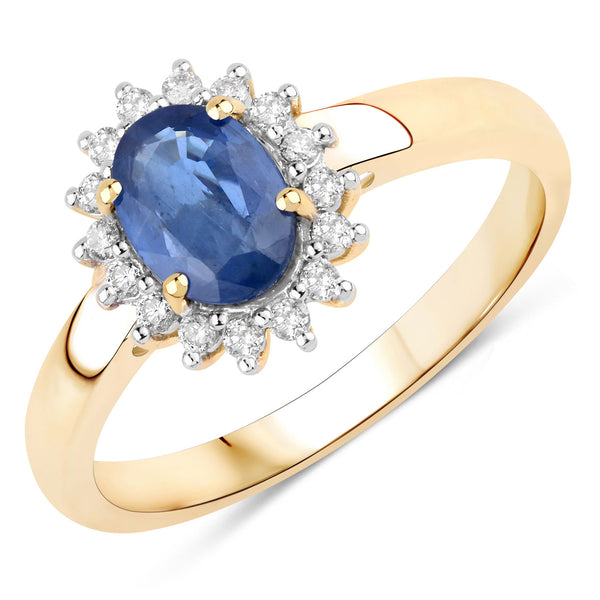 1.11 Carat Genuine Blue Sapphire and White Diamond 10K Yellow Gold Ring