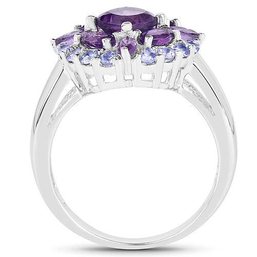 2.19 Carat Genuine Amethyst and Tanzanite .925 Sterling Silver Ring