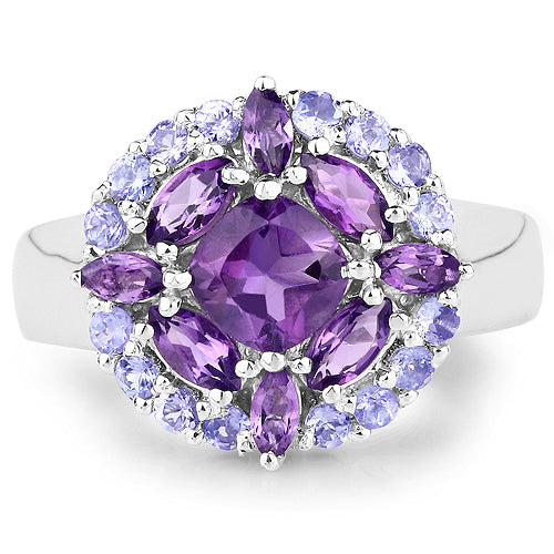 2.19 Carat Genuine Amethyst and Tanzanite .925 Sterling Silver Ring