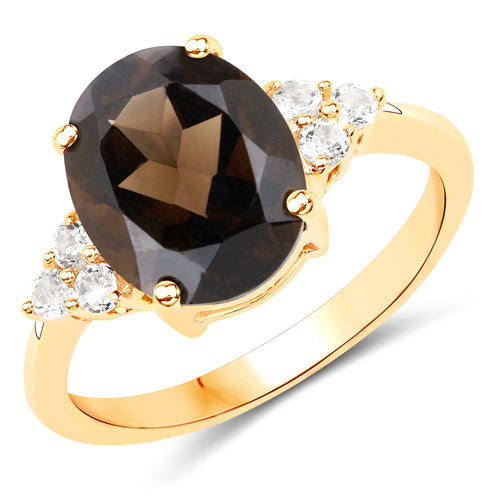 3.74 Carat Genuine Smoky Quartz and White Topaz .925 Sterling Silver Ring