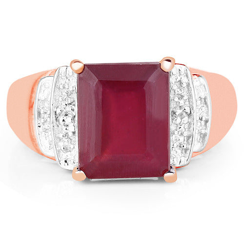14K Rose Gold Plated 4.26 Carat Genuine Glass Filled Ruby and White Topaz .925 Sterling Silver Ring