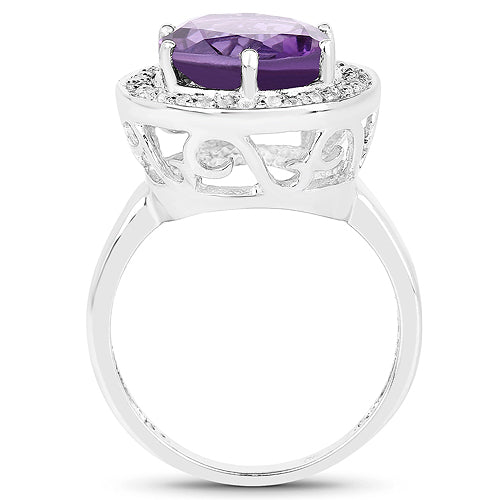 4.27 Carat Genuine Amethyst and White Topaz .925 Sterling Silver Ring