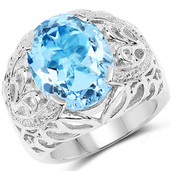 11.29 Carat Genuine Blue Topaz and White Topaz .925 Sterling Silver Ring