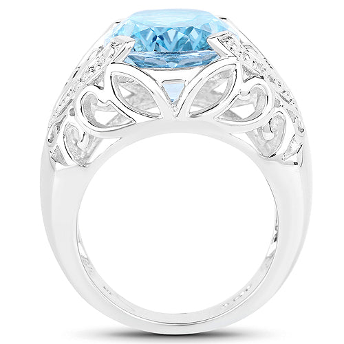 11.29 Carat Genuine Blue Topaz and White Topaz .925 Sterling Silver Ring
