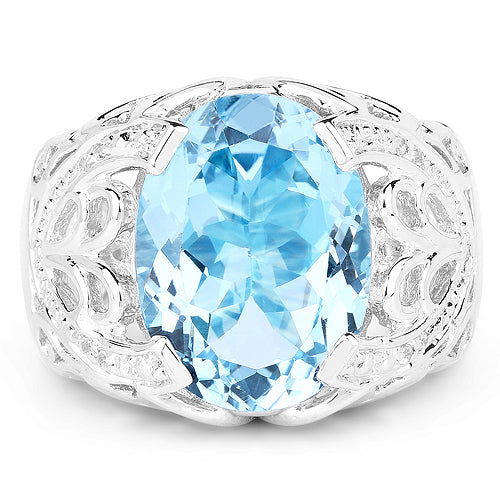 11.29 Carat Genuine Blue Topaz and White Topaz .925 Sterling Silver Ring