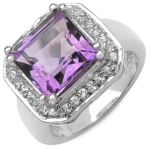 4.91 Carat Genuine Amethyst & White Topaz .925 Sterling Silver Ring
