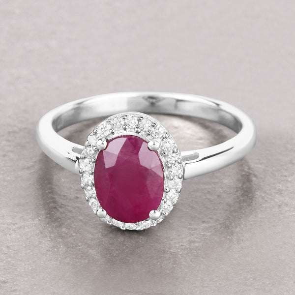 1.59 Carat Genuine Ruby and White Diamond 10K White Gold Ring