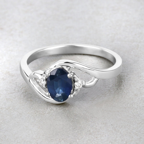 0.98 Carat Genuine Blue Sapphire and White Diamond 10K White Gold Ring