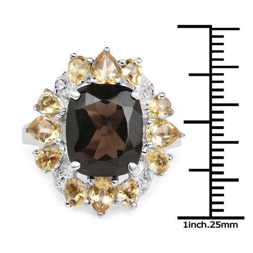 7.26 Carat Genuine Smoky Quartz, Citrine and White Topaz .925 Sterling Silver Ring