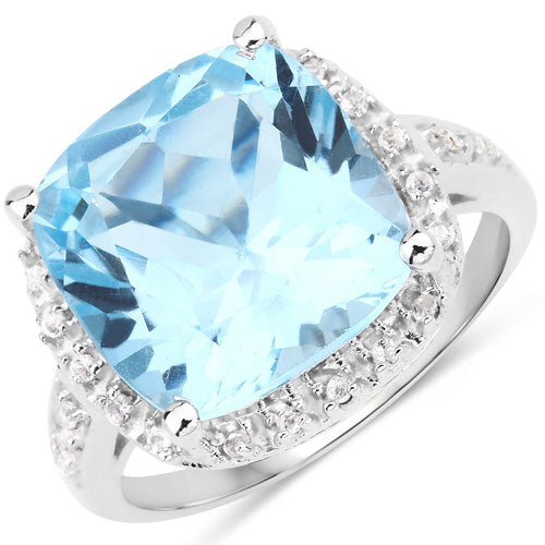 7.18 Carat Genuine Blue Topaz and White Topaz .925 Sterling Silver Ring