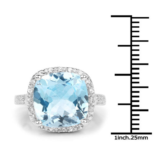 7.18 Carat Genuine Blue Topaz and White Topaz .925 Sterling Silver Ring