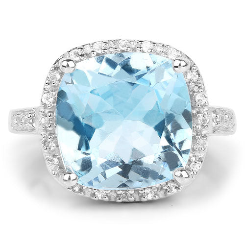 7.18 Carat Genuine Blue Topaz and White Topaz .925 Sterling Silver Ring