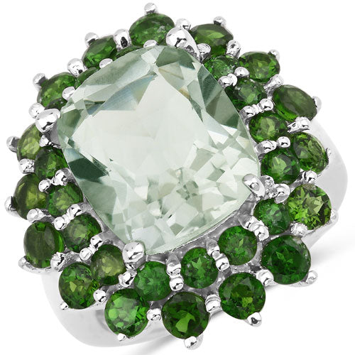 9.89 Carat Genuine Green Amethyst and Chrome Diopside .925 Sterling Silver Ring