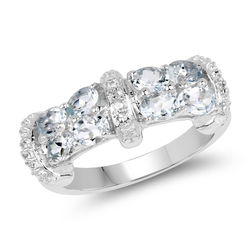 1.64 Carat Genuine Aquamarine and White Topaz .925 Sterling Silver Ring