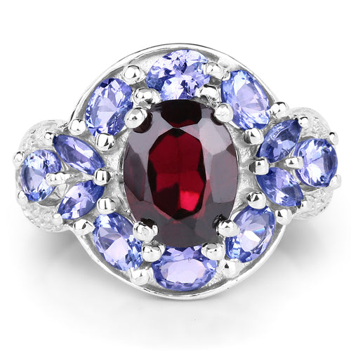4.20 Carat Genuine Garnet, Tanzanite & White Topaz .925 Sterling Silver Ring