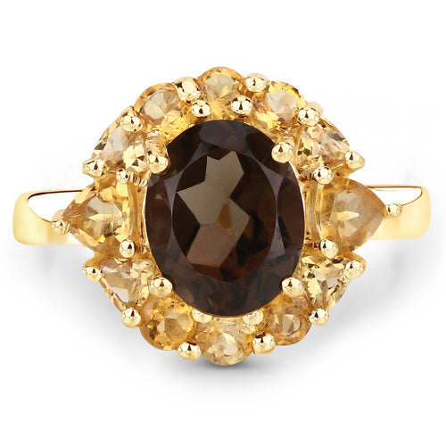 14K Yellow Gold Plated 4.50 Carat Genuine Smoky Quartz & Citrine Brass Ring
