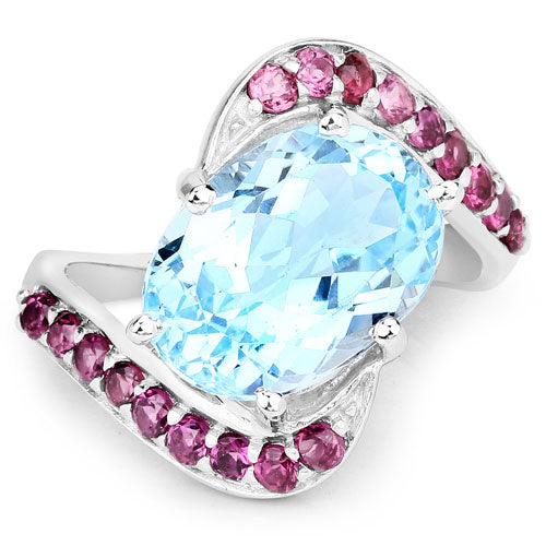 8.40 Carat Genuine Blue Topaz and Rhodolite .925 Sterling Silver Ring