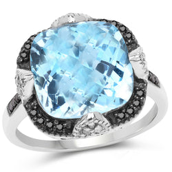 8.29 Carat Genuine Swiss Blue Topaz, Black Diamond & White Diamond .925 Sterling Silver Ring