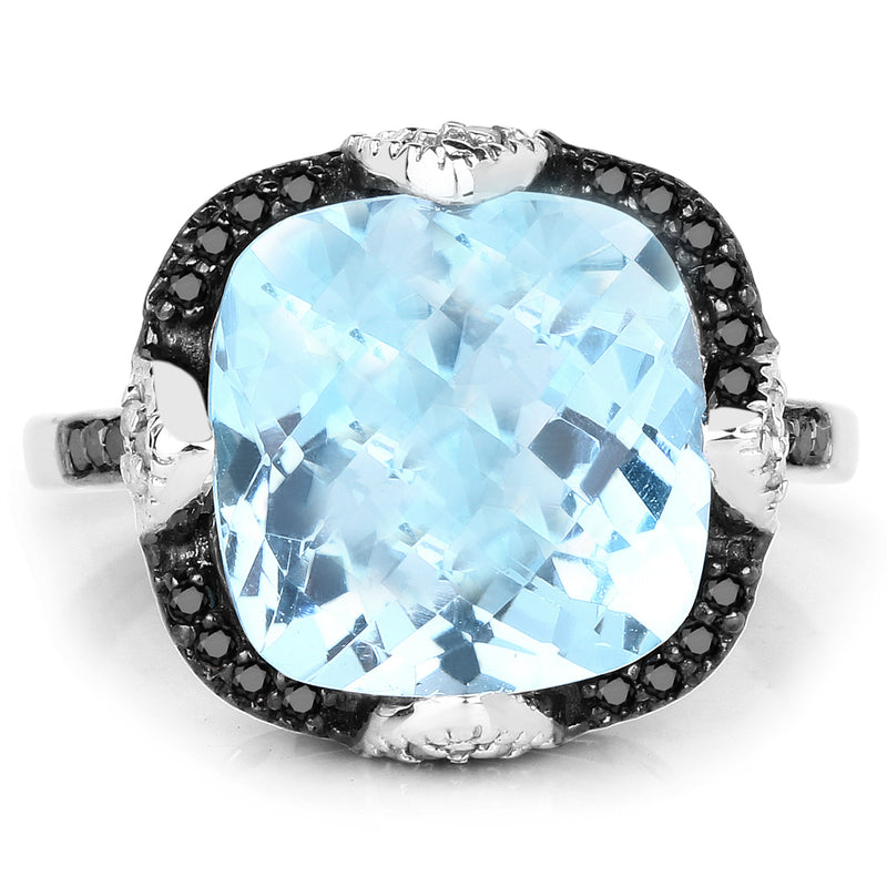 8.29 Carat Genuine Swiss Blue Topaz, Black Diamond & White Diamond .925 Sterling Silver Ring