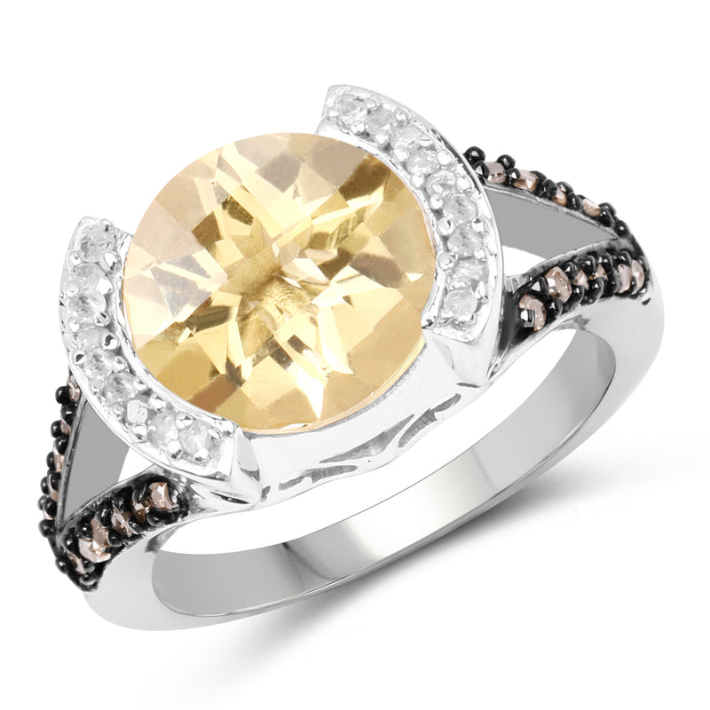 3.64 Carat Genuine Citrine, Champagne Diamond and White Diamond .925 Sterling Silver Ring